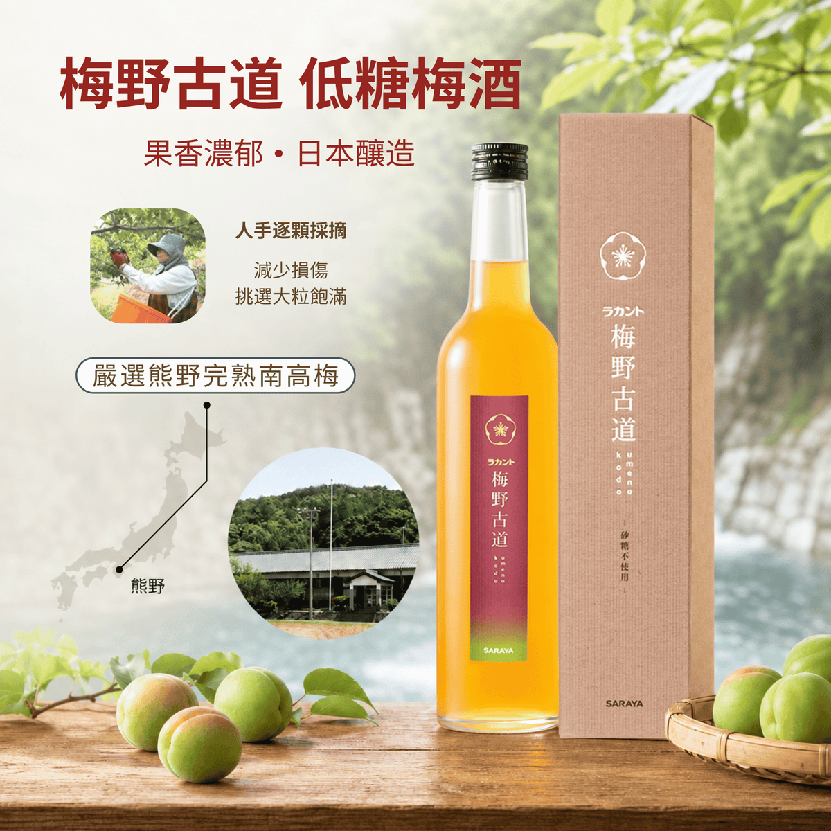 LAKANTO 梅野古道低糖梅酒，採用日本三重縣熊野產完熟南高梅，於熊野自家工場釀造
LAKANTO Umeno Kodo Low Sugar Umeshu made with fully ripened Nanko plums from Kumano, Mie, and crafted at SARAYA’s Kumano factory