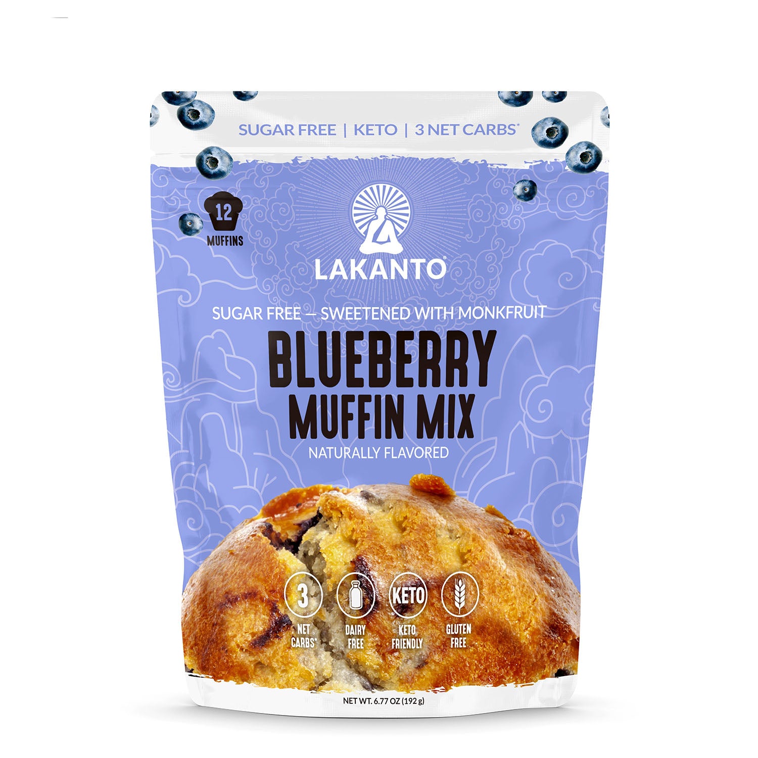 Lakanto 無糖藍莓鬆餅預拌粉正面包裝，採用羅漢果甜味，Keto 生酮及無麩質配方 ｜ Lakanto blueberry muffin mix front packaging sweetened with monk fruit, keto friendly and gluten free