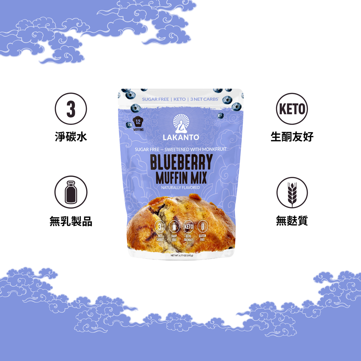 Lakanto 無糖藍莓鬆餅預拌粉產品示意圖，顯示 3 淨碳水、Keto 生酮友好、無乳製品及無麩質特色 ｜ Lakanto blueberry muffin mix showing keto friendly, 3 net carbs, dairy free and gluten free features