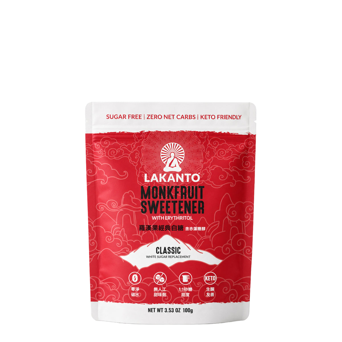 LAKANTO 羅漢果經典白糖 100g 產品正面包裝，零糖、零淨碳水，適合生酮飲食