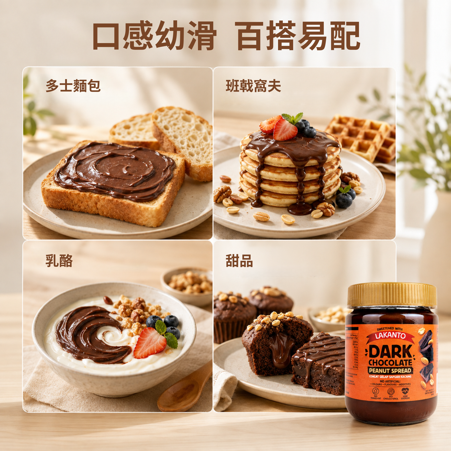 LAKANTO 黑朱古力花生醬多種食法，可配搭多士、班戟、乳酪及甜品