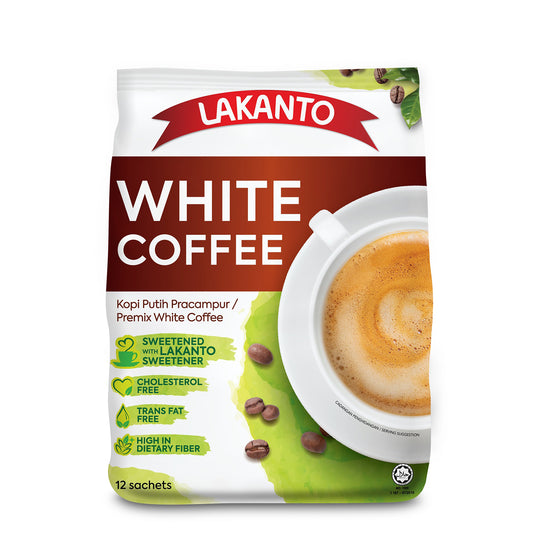 Lakanto 低 GI 無糖即沖白咖啡正面包裝展示，無添加砂糖，不含反式脂肪及膽固醇 ｜ Lakanto low GI sugar-free instant white coffee front packaging with no added sugar, trans fat free and cholesterol free