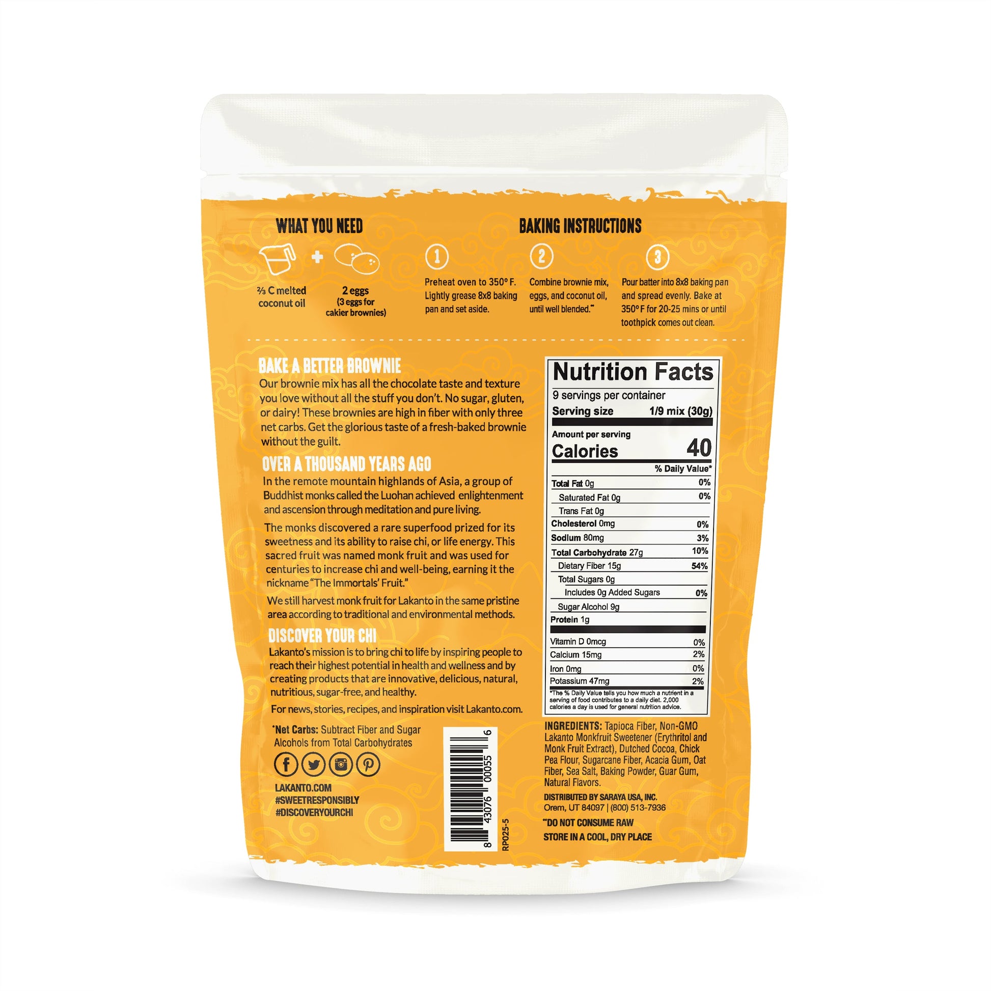 Back of Lakanto Sugar Free Brownie Mix package showing baking instructions, ingredients, and nutrition facts
Lakanto 無糖布朗尼預拌粉包裝背面，清楚列出成分、營養標示及烘焙說明