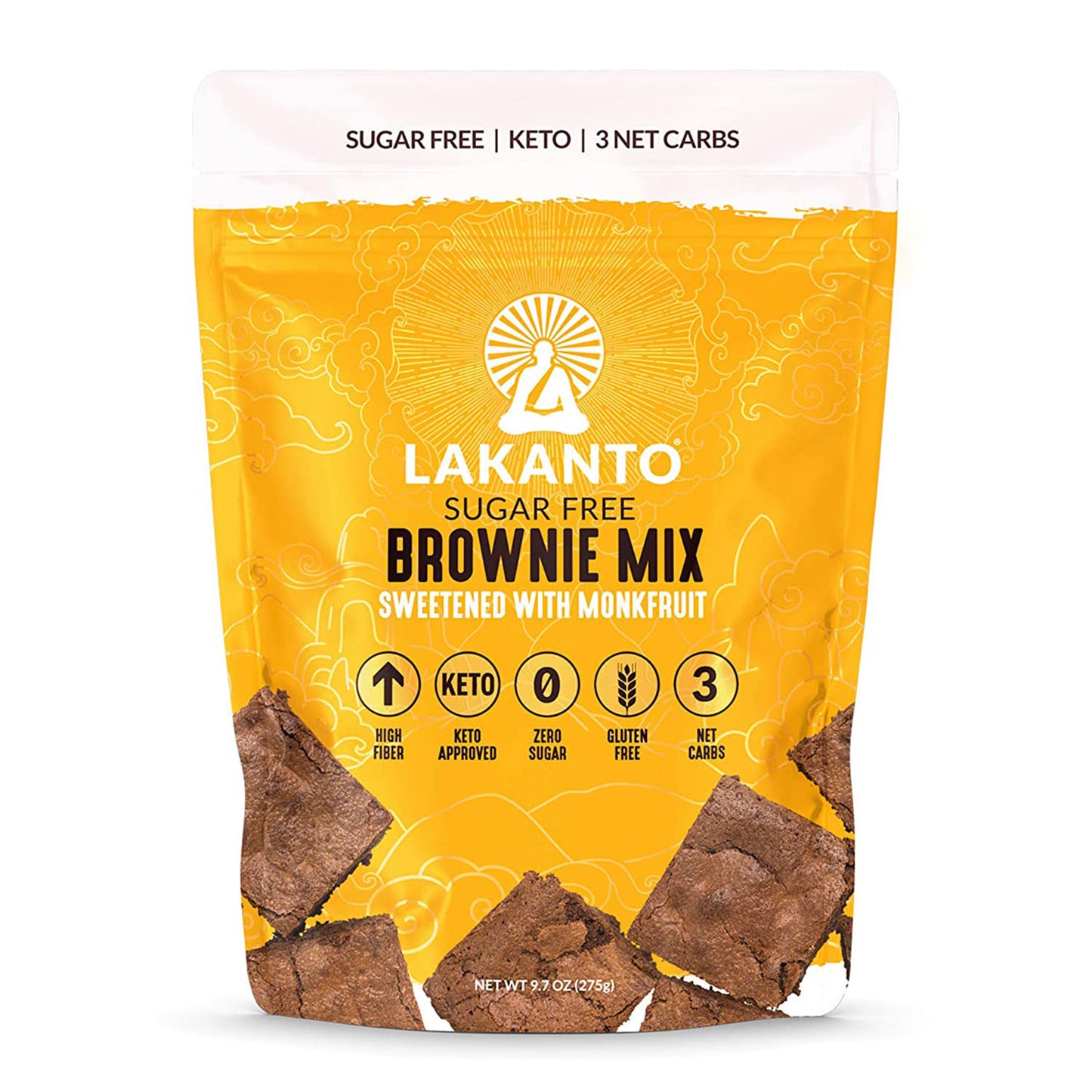 Lakanto Sugar Free Brownie Mix front packaging, sweetened with monk fruit, keto friendly, gluten free, 3 net carbs
Lakanto 無糖布朗尼預拌粉正面包裝，羅漢果甜味、低碳水、無麩質，適合生酮飲食