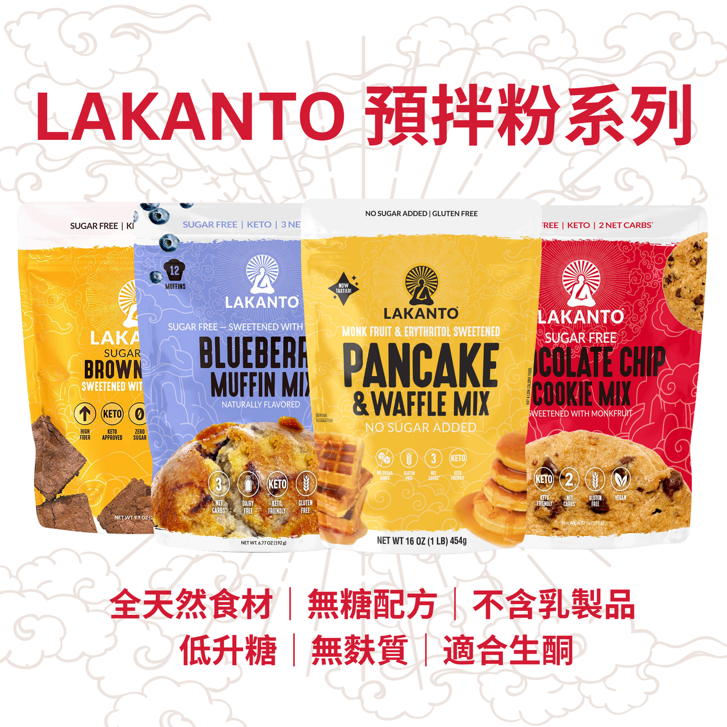 Lakanto 預拌粉系列產品合照，包括班戟窩夫粉、藍莓鬆餅粉、朱古力曲奇及布朗尼粉，主打全天然食材、無糖配方、低升糖及生酮適用｜Lakanto baking mix product range image showing sugar free, low GI and keto friendly mixes