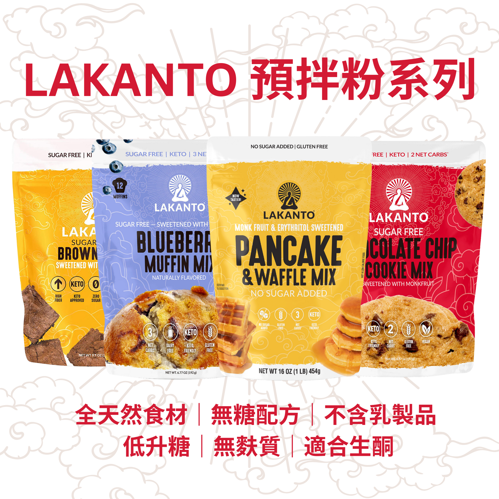 Lakanto 預拌粉系列產品合照，包括班戟窩夫粉、藍莓鬆餅粉、朱古力曲奇及布朗尼粉，主打全天然食材、無糖配方、低升糖及生酮適用｜Lakanto baking mix product range image showing sugar free, low GI and keto friendly mixes