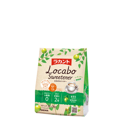 Lakanto 日本版 Locabo Sweetener 羅漢果代糖正面包裝展示，3g x 30 包設計，適合日常飲品與外出使用｜Front view of Lakanto Japanese version Locabo Sweetener packaging featuring 3g x 30 stick packs for daily drinks and on-the-go use
