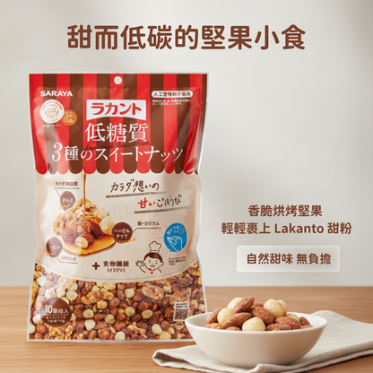 Lakanto 低糖甜味堅果營養示意圖，包含核桃、杏仁、榛果及膳食纖維 ｜ Lakanto low-carb sweet nuts nutrition visual featuring walnuts almonds hazelnuts and dietary fiber