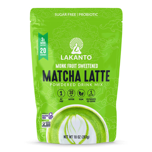 Lakanto 羅漢果甜味抹茶拿鐵粉末飲品包裝正面，無添加砂糖，低糖低碳水，適合日常健康飲用 ｜ Lakanto monk fruit sweetened matcha latte powdered drink mix front packaging with no added sugar