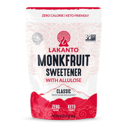 Lakanto 羅漢果經典白糖阿洛酮糖配方背面包裝圖，清楚展示 Lakanto Monkfruit Sweetener Classic 的營養標示、成分說明及品牌資訊，紅色袋裝背面設計，適合作為商品頁背面參考圖片。
Lakanto Monkfruit Sweetener Classic with Allulose back packaging image, showing the nutrition facts panel, ingredient information, and brand details on the red pouch, suitable for use as a product back view reference image.