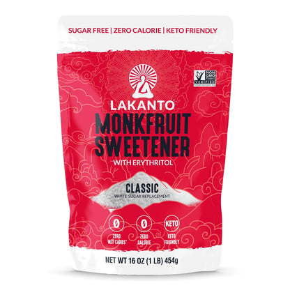 Lakanto 羅漢果甜味劑 Classic 454g 包裝正面圖，畫面清楚展示 Lakanto Monkfruit Sweetener Classic 袋裝外觀、紅色包裝設計及產品標示，適合作為商品頁主圖使用；Lakanto Monkfruit Sweetener Classic front packshot showing the red product bag design with clear branding and packaging details on a clean background.