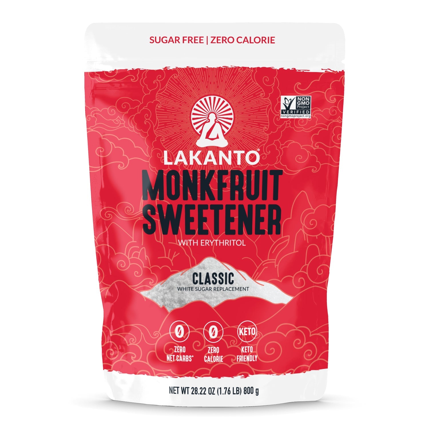 Lakanto 羅漢果甜味劑 Classic 800g 包裝正面圖，畫面清楚展示 Lakanto Monkfruit Sweetener Classic 袋裝外觀、紅色包裝設計及產品標示，適合作為商品頁主圖使用；Lakanto Monkfruit Sweetener Classic front packshot showing the red product bag design with clear branding and packaging details on a clean background.