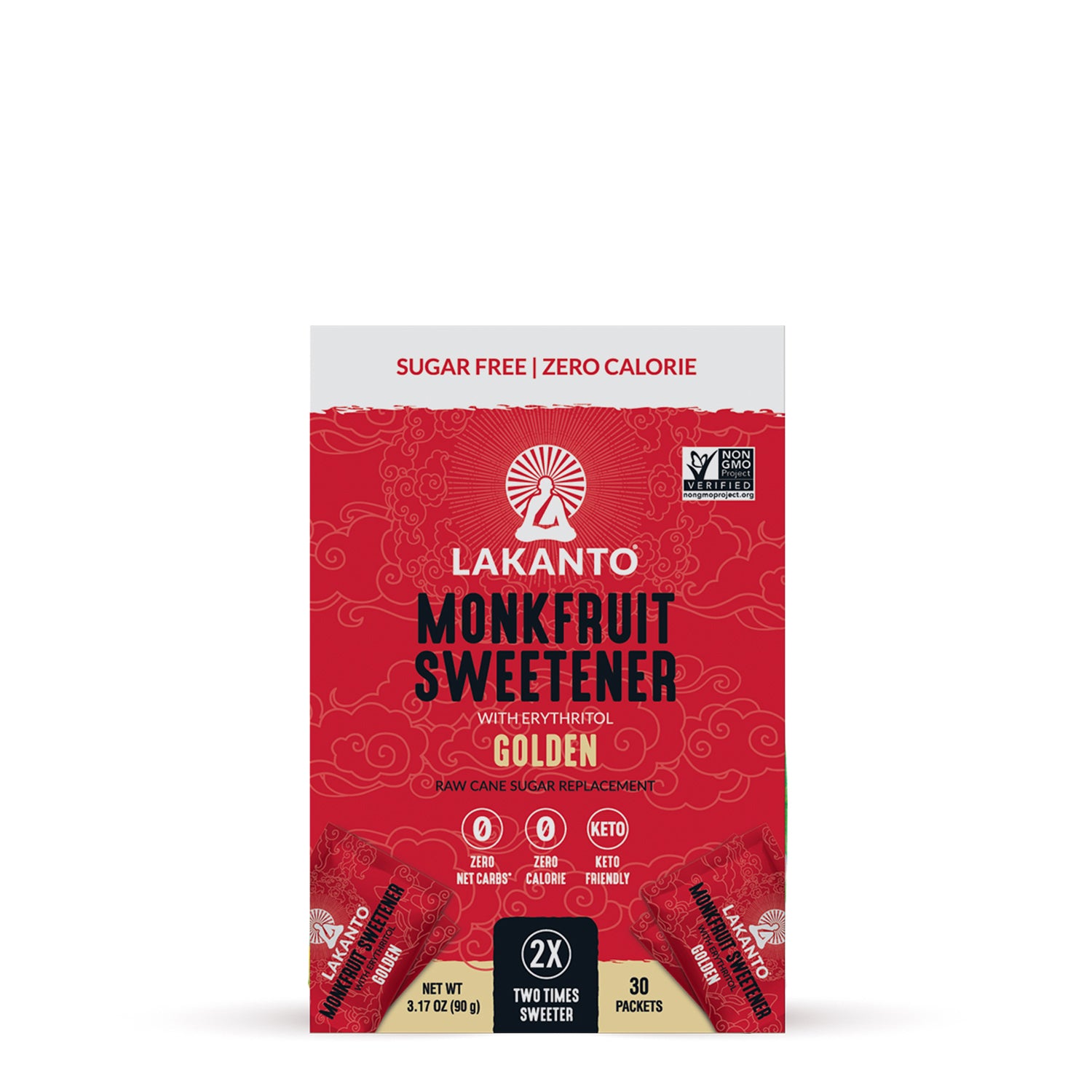 Lakanto Monkfruit Sweetener Golden 盒裝與獨立小包正面展示圖，紅色包裝設計清楚呈現 Lakanto 羅漢果甜味劑產品外觀與包裝形式
