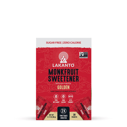 Lakanto Monkfruit Sweetener Golden 盒裝與獨立小包正面展示圖，紅色包裝設計清楚呈現 Lakanto 羅漢果甜味劑產品外觀與包裝形式