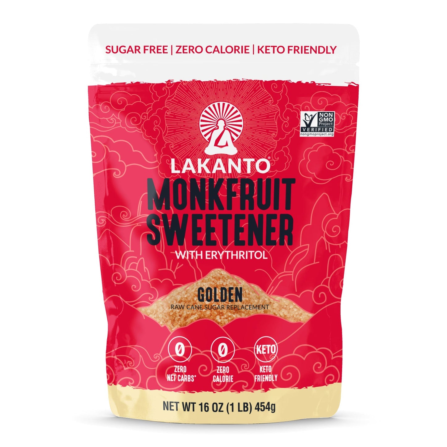 Lakanto 羅漢果甜味劑 Golden 454g 包裝正面圖，畫面清楚展示 Lakanto Monkfruit Sweetener Golden 袋裝外觀及正面設計；Lakanto Monkfruit Sweetener Golden front packshot showing the full product bag design on a clean background.