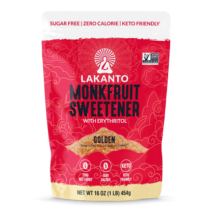 Lakanto 羅漢果甜味劑 Golden 454g 包裝正面圖，畫面清楚展示 Lakanto Monkfruit Sweetener Golden 袋裝外觀及正面設計；Lakanto Monkfruit Sweetener Golden front packshot showing the full product bag design on a clean background.