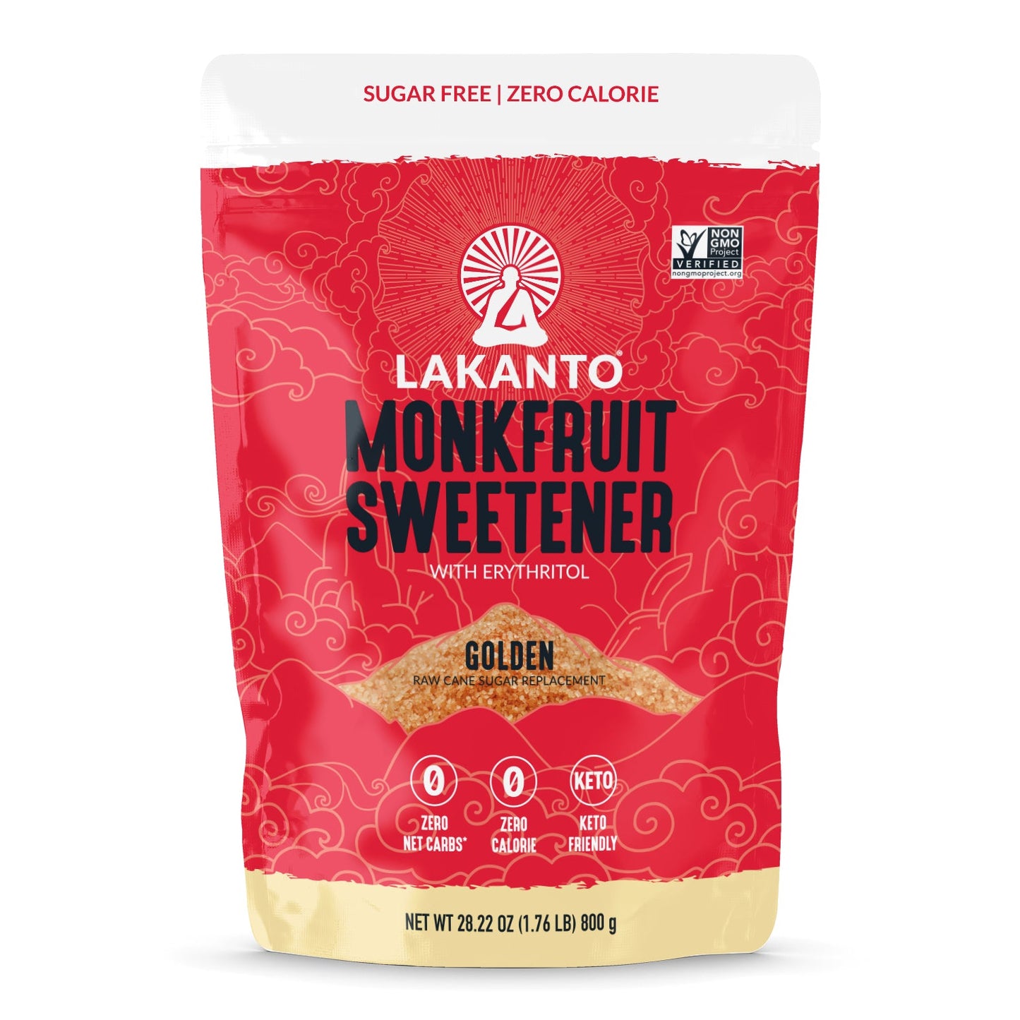 Lakanto 羅漢果甜味劑 Golden 800g 包裝正面圖，畫面清楚展示 Lakanto Monkfruit Sweetener Golden 袋裝外觀及正面設計；Lakanto Monkfruit Sweetener Golden front packshot showing the full product bag design on a clean background.