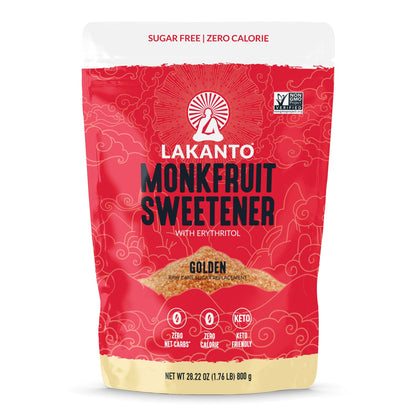 Lakanto 羅漢果甜味劑 Golden 800g 包裝正面圖，畫面清楚展示 Lakanto Monkfruit Sweetener Golden 袋裝外觀及正面設計；Lakanto Monkfruit Sweetener Golden front packshot showing the full product bag design on a clean background.