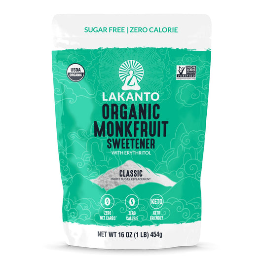 Lakanto Organic 羅漢果甜味劑 Classic 白糖替代版本正面平拍，主打零熱量、零淨碳水與生酮友善，適合日常飲品及烘焙使用｜Lakanto Organic Monkfruit Sweetener Classic white sugar replacement shown in a clean front shot, featuring zero calorie, zero net carbs and keto friendly use for daily drinks and baking