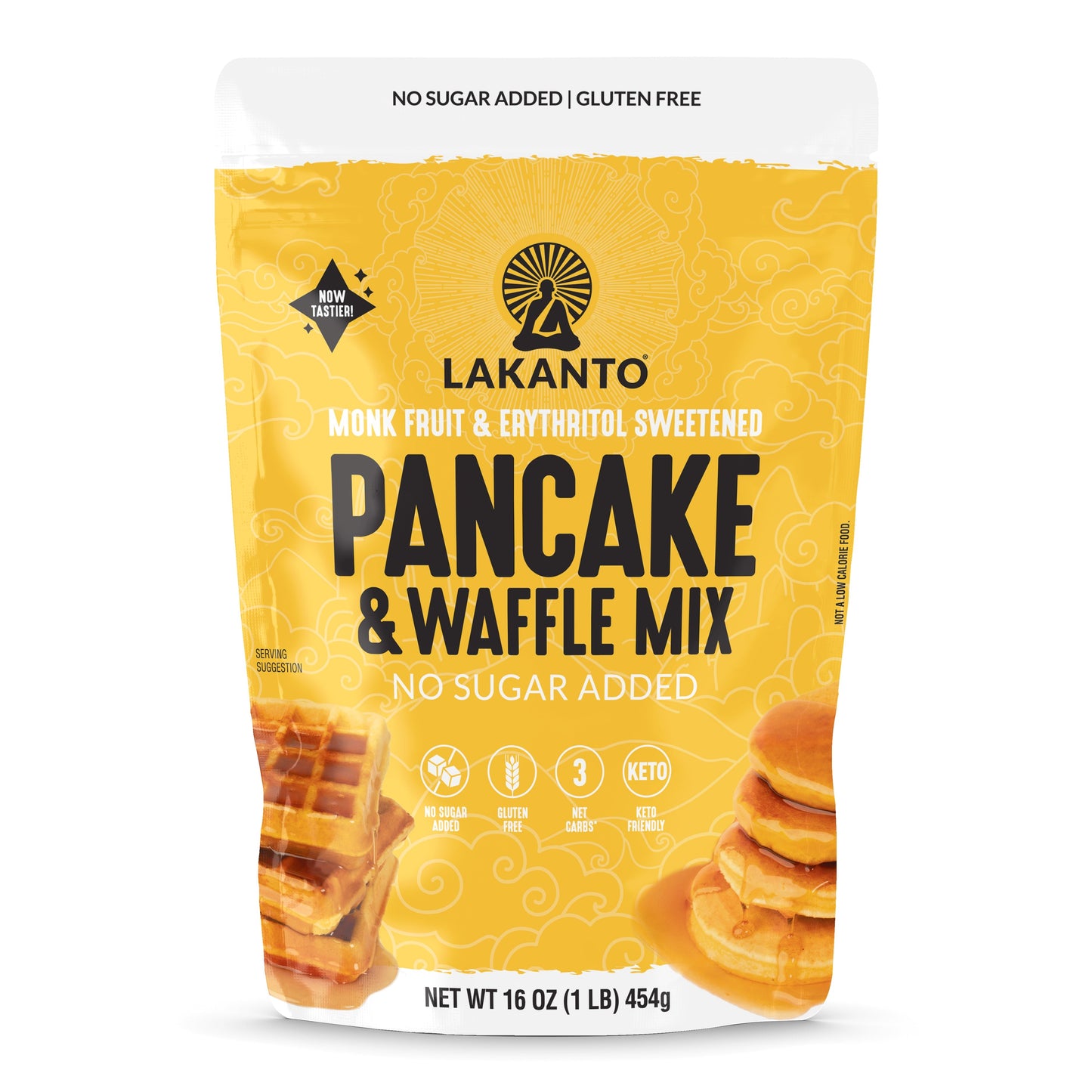 Lakanto Monk Fruit 甜味無糖班戟窩夫粉正面包裝圖，無添加糖、無麩質、3g 淨碳水，適合生酮及低糖飲食｜Lakanto pancake and waffle mix front packaging with monk fruit sweetener, keto friendly and no sugar added
