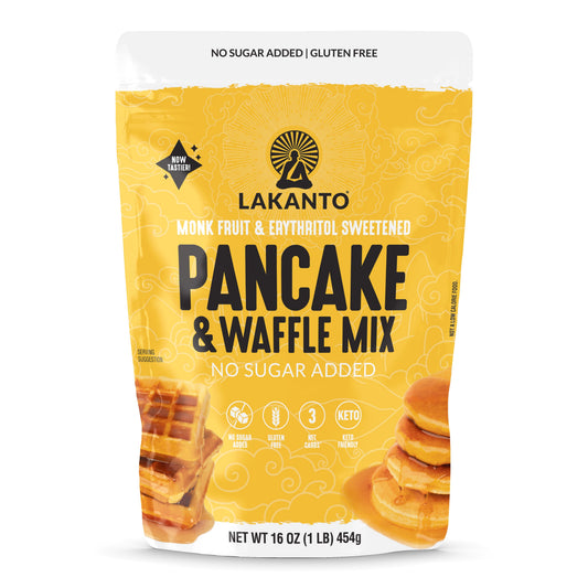 Lakanto Monk Fruit 甜味無糖班戟窩夫粉正面包裝圖，無添加糖、無麩質、3g 淨碳水，適合生酮及低糖飲食｜Lakanto pancake and waffle mix front packaging with monk fruit sweetener, keto friendly and no sugar added