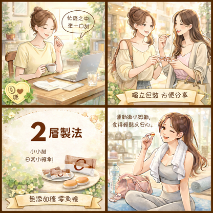Lakanto 零糖糖果生活情境插畫，展示工作中、朋友分享及運動後享用的使用場景，強調無添加糖、獨立包裝及日常輕鬆享甜的概念 ｜ Lakanto sugar free candy lifestyle illustration showing everyday moments such as work breaks, sharing with friends and post workout enjoyment, highlighting zero sugar and individually wrapped convenience