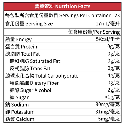 Lakanto 無糖羅漢果甜味番茄醬 384mL 營養資料標示，顯示每份 17mL 熱量 5kcal、零脂肪、低糖、含糖醇，主要成分包括濃縮番茄、赤藻糖醇及羅漢果萃取物，適合關注糖分攝取人士｜Lakanto Sugar-Free Ketchup 384mL nutrition facts label showing 5 kcal per 17mL serving, zero fat, low sugar, with sugar alcohol, made with tomato concentrate and monk fruit sweetener