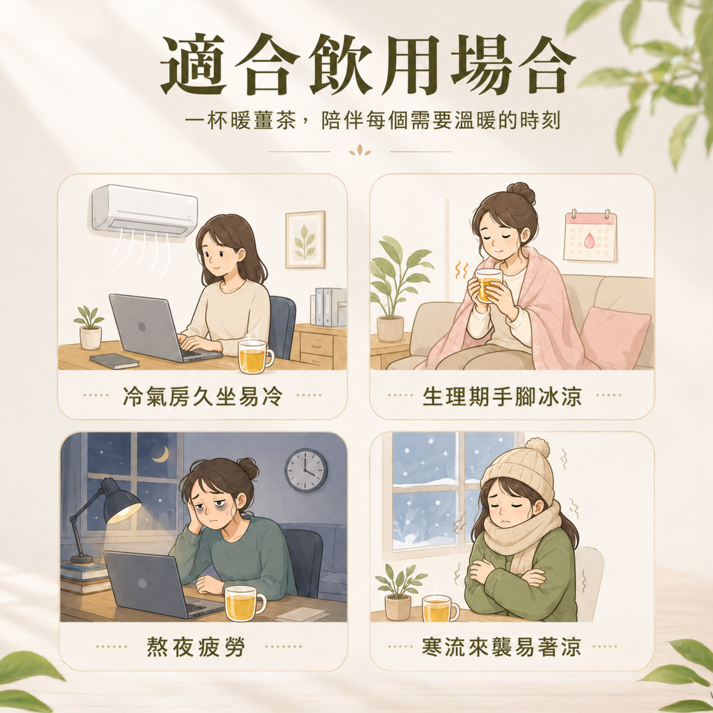 零糖薑茶適合冷氣房久坐、生理期手腳冰涼、熬夜疲勞及寒流來襲時飲用
Zero Sugar Ginger Tea is suitable for cold air-conditioned offices, chilly hands and feet during menstruation, late-night fatigue and cold weather