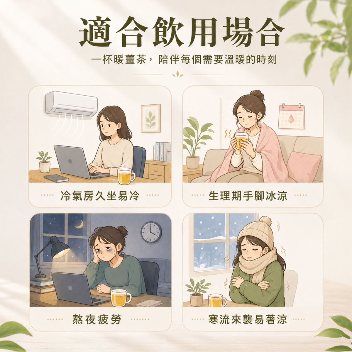 零糖薑茶適合冷氣房久坐、生理期手腳冰涼、熬夜疲勞及寒流來襲時飲用
Zero Sugar Ginger Tea is suitable for cold air-conditioned offices, chilly hands and feet during menstruation, late-night fatigue and cold weather